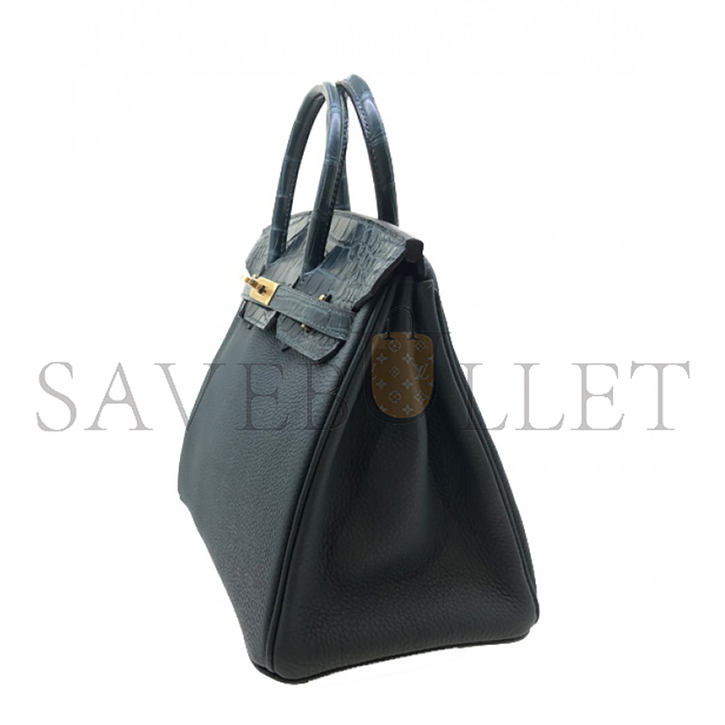 H**mes master birkin 25 crocodile and togo leather prussian green silver buckle h076216ck29 (25*20*13cm)